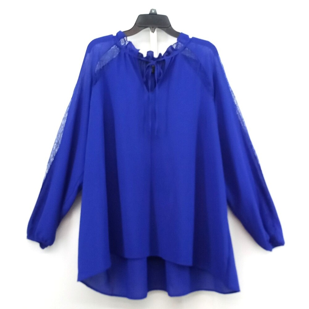 Worthington Blouse Women Size 3X Blue Sheer Split Tie V Neck Lace Trim Top NWT